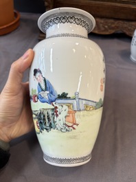 Four Chinese famille rose 'Elegant Beauties' vases, Qianlong marks, 20th C.