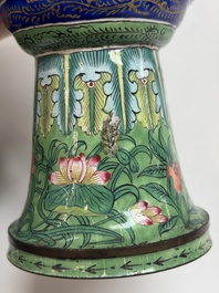 A Chinese Canton enamel green-ground three-piece altar set, 19th C.