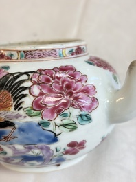 Eight Chinese famille rose plates with floral design and a 'Rooster' teapot, Yongzheng/Qianlong