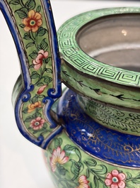 A Chinese Canton enamel green-ground three-piece altar set, 19th C.