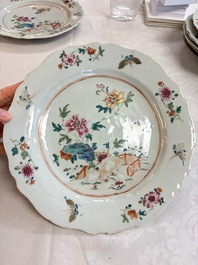 Eight Chinese famille rose plates with floral design and a 'Rooster' teapot, Yongzheng/Qianlong