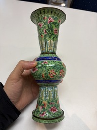 A Chinese Canton enamel green-ground three-piece altar set, 19th C.