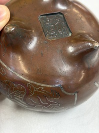 A Chinese or Vietnamese silver-inlaid bronze 'Fu Lu Shou' tripod censer,  Xuande mark, 19th C.