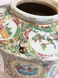 A Chinese Canton famille rose covered bottle vase and a teapot, 19th C.