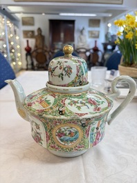 A Chinese Canton famille rose covered bottle vase and a teapot, 19th C.