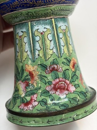 A Chinese Canton enamel green-ground three-piece altar set, 19th C.