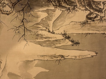 Chinese school: 'Peony' and 'Snowscape', ink and colour on paper and silk, signed Shao Chongwei 卲重威 and Xia Gui 夏珪, 20th C.