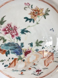 Eight Chinese famille rose plates with floral design and a 'Rooster' teapot, Yongzheng/Qianlong