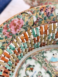 A Chinese Canton famille rose reticulated basket on stand and a gilt-bronze-mounted bowl, 19th C.