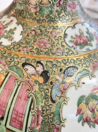 A Chinese Canton famille rose covered bottle vase and a teapot, 19th C.