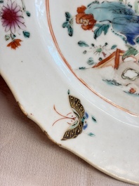 Eight Chinese famille rose plates with floral design and a 'Rooster' teapot, Yongzheng/Qianlong