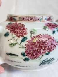 Eight Chinese famille rose plates with floral design and a 'Rooster' teapot, Yongzheng/Qianlong