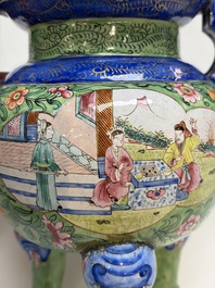 A Chinese Canton enamel green-ground three-piece altar set, 19th C.