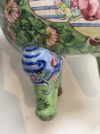 A Chinese Canton enamel green-ground three-piece altar set, 19th C.