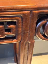 A Chinese burlwood-topped hardwood console table, 19th C.