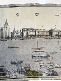 A Chinese woven silk panel depicting a view of The Bund and the Huangpu River, Shanghai Hangzhou Qiwen Silk Weaving Factory, 1950-1957