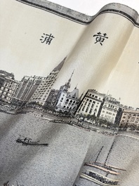 A Chinese woven silk panel depicting a view of The Bund and the Huangpu River, Shanghai Hangzhou Qiwen Silk Weaving Factory, 1950-1957
