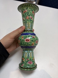 A Chinese Canton enamel green-ground three-piece altar set, 19th C.