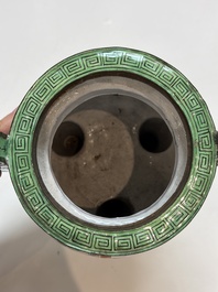 A Chinese Canton enamel green-ground three-piece altar set, 19th C.