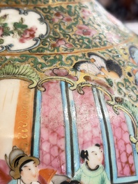 A Chinese Canton famille rose covered bottle vase and a teapot, 19th C.