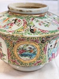 A Chinese Canton famille rose covered bottle vase and a teapot, 19th C.