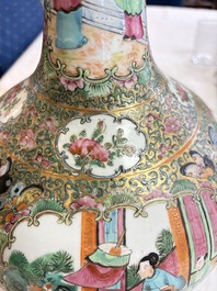 A Chinese Canton famille rose covered bottle vase and a teapot, 19th C.