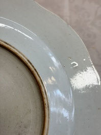 Eight Chinese famille rose plates with floral design and a 'Rooster' teapot, Yongzheng/Qianlong