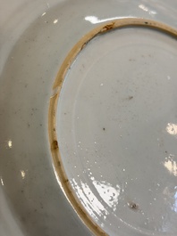 Eight Chinese famille rose plates with floral design and a 'Rooster' teapot, Yongzheng/Qianlong
