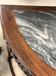 A fine Chinese marble-topped hongmu demi-lune console table, 19th C.