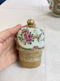 A Chinese Canton famille rose covered bottle vase and a teapot, 19th C.