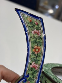 A Chinese Canton enamel green-ground three-piece altar set, 19th C.