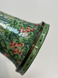 A Chinese Canton enamel green-ground three-piece altar set, 19th C.