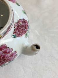 Eight Chinese famille rose plates with floral design and a 'Rooster' teapot, Yongzheng/Qianlong