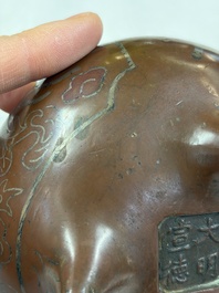 A Chinese or Vietnamese silver-inlaid bronze 'Fu Lu Shou' tripod censer,  Xuande mark, 19th C.
