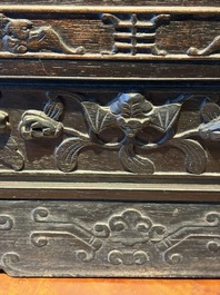 A Chinese lacquered wooden table screen with jade and cloisonn&eacute;, and a pair of wall panels embellished with jade, bone, and wood, 19/20th C.