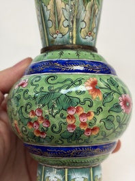 A Chinese Canton enamel green-ground three-piece altar set, 19th C.