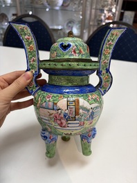 A Chinese Canton enamel green-ground three-piece altar set, 19th C.