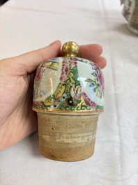 A Chinese Canton famille rose covered bottle vase and a teapot, 19th C.
