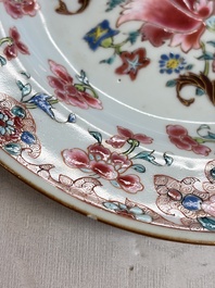 Eight Chinese famille rose plates with floral design and a 'Rooster' teapot, Yongzheng/Qianlong