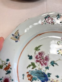 Eight Chinese famille rose plates with floral design and a 'Rooster' teapot, Yongzheng/Qianlong