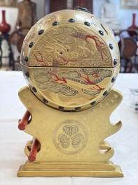 A Japanese Shibayama lacquer taiko drum-shaped casket on its original stand, Taisho, 19/20th C.