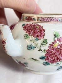 Eight Chinese famille rose plates with floral design and a 'Rooster' teapot, Yongzheng/Qianlong