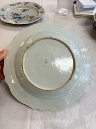 Eight Chinese famille rose plates with floral design and a 'Rooster' teapot, Yongzheng/Qianlong
