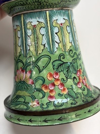 A Chinese Canton enamel green-ground three-piece altar set, 19th C.
