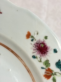 Eight Chinese famille rose plates with floral design and a 'Rooster' teapot, Yongzheng/Qianlong
