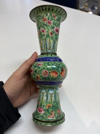 A Chinese Canton enamel green-ground three-piece altar set, 19th C.