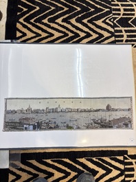 A Chinese woven silk panel depicting a view of The Bund and the Huangpu River, Shanghai Hangzhou Qiwen Silk Weaving Factory, 1950-1957