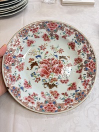 Eight Chinese famille rose plates with floral design and a 'Rooster' teapot, Yongzheng/Qianlong