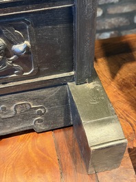 A Chinese lacquered wooden table screen with jade and cloisonn&eacute;, and a pair of wall panels embellished with jade, bone, and wood, 19/20th C.