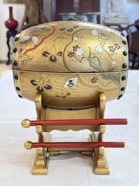 A Japanese Shibayama lacquer taiko drum-shaped casket on its original stand, Taisho, 19/20th C.